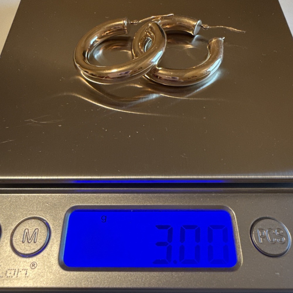 14k Polished Round Hoop Earrings 1 Inch Diameter 3 Grams Classic Old Money - Picture 2 of 10